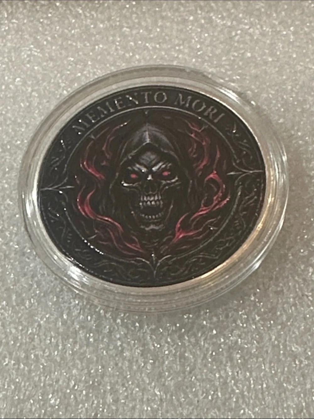 Memento Mori Skull Coin Medallion — Black & Red